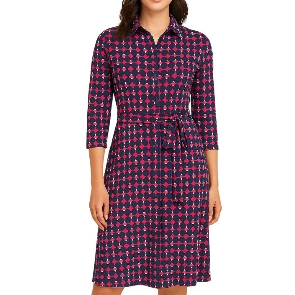 Kettlewell Colours‎ Geometric Shirt Dress S Navy Pink Tie Waist Viscose Mod Boho